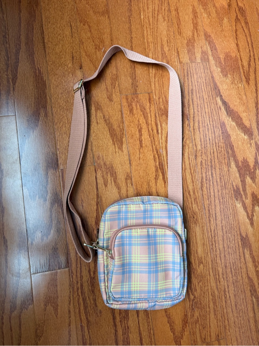 Target Pastel Peach Plaid Crossbody Bag with Yellow & Blue Accents